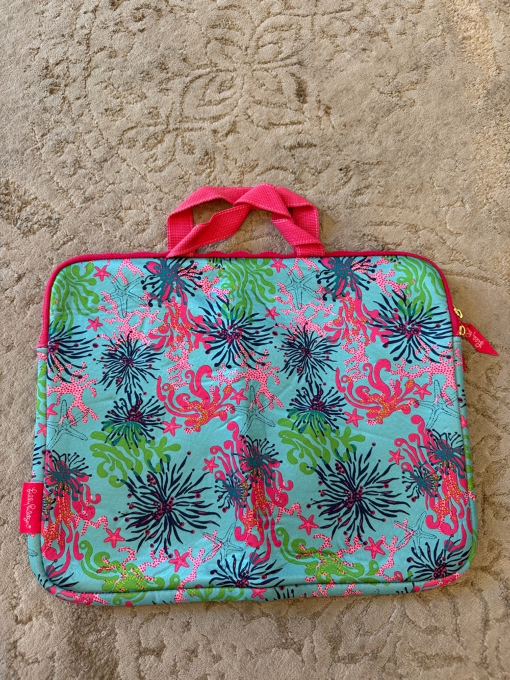 Lilly Pulitzer Turquoise Laptop Sleeve with Pink Handles